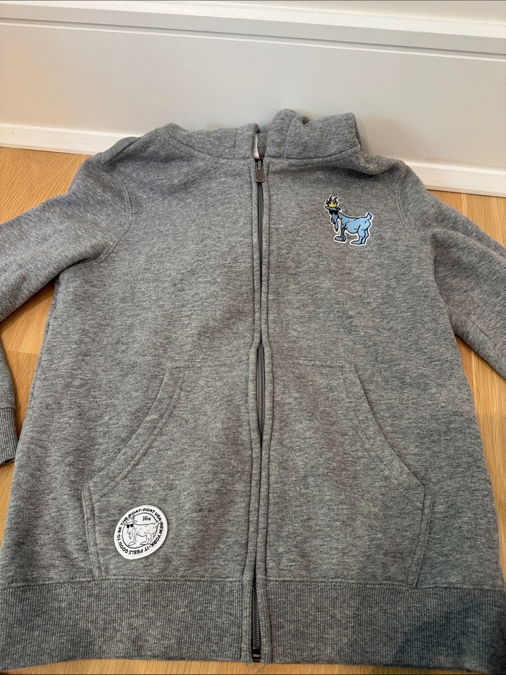 Kids' Gray Zip Hoodie with Embroidered Animal Patch